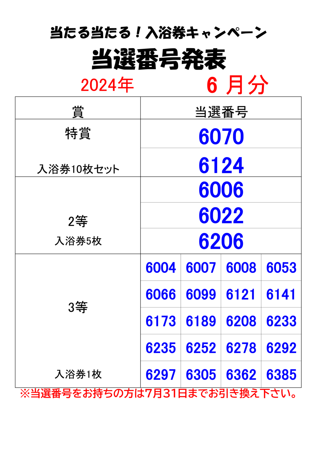 当たる当たる！入浴券キャンペーン2024年6月当選番号