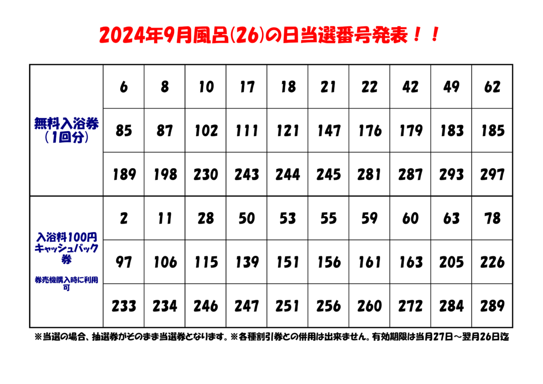 風呂の日当選番号発表2024年9月分