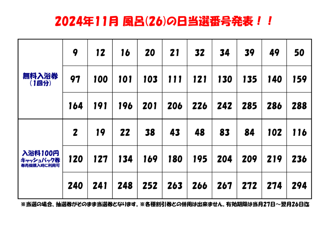 風呂の日当選番号発表2024年11月分